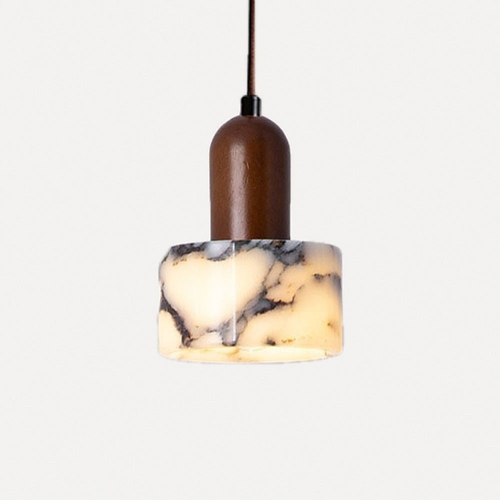 Suspension cylindre en marbre et bois teinte noyer – Noto, sur fond blanc