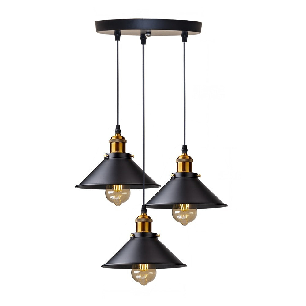 Suspension industrielle cône noir, 1 ou 3 lumières – Oberkampf, finition trois lumières en grappe, douilles laiton