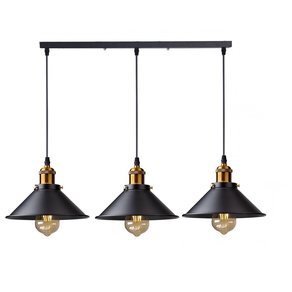 Suspension industrielle cône noir, 1 ou 3 lumières – Oberkampf, finition trois lumières sur rampe, douilles laiton