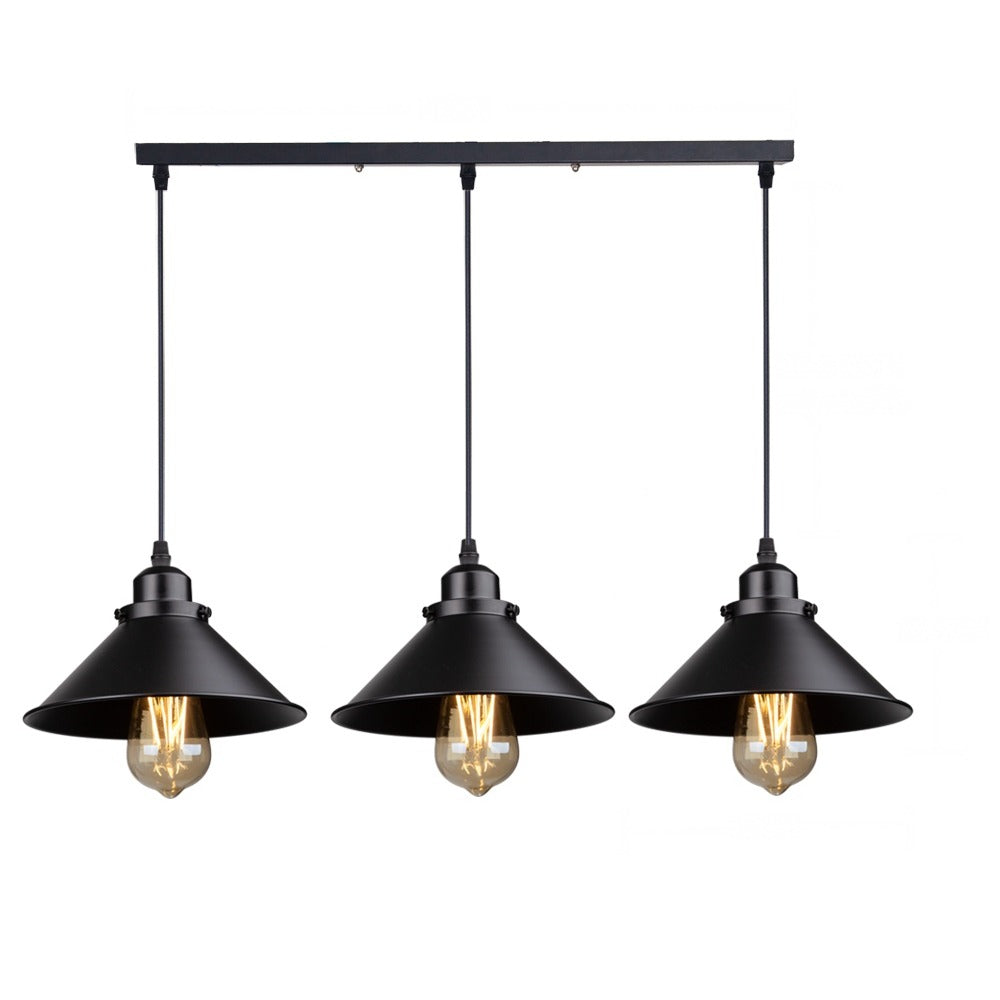 Suspension industrielle cône noir, 1 ou 3 lumières – Oberkampf, finition trois lumières sur rampe, douilles noires