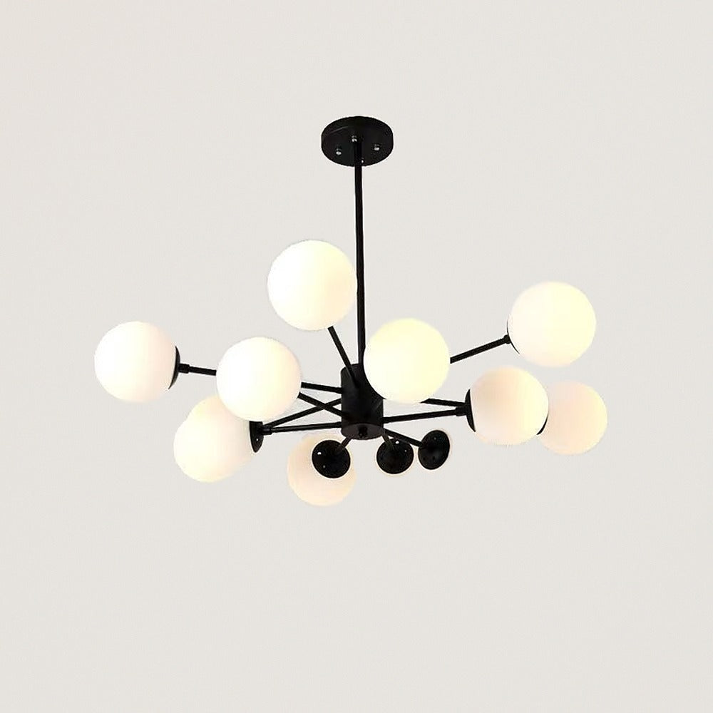 Suspension lustre à globes opalins, noir ou doré – Opéra, finition noir, 12 globes