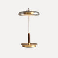 Lampadaire et lampe disque de verre, laiton et bois – Opio, finition lampe à poser, H 40,5 cm