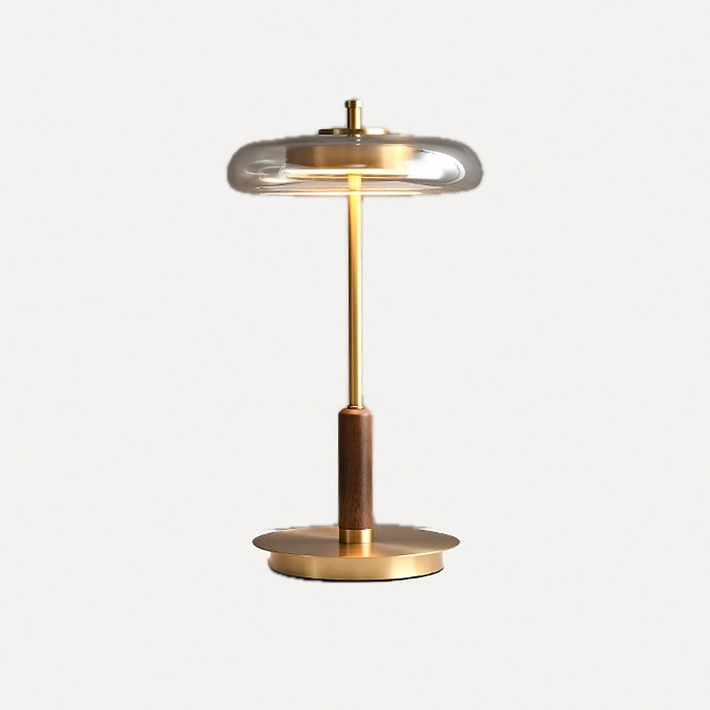 Lampadaire et lampe disque de verre, laiton et bois – Opio, finition lampe à poser, H 40,5 cm
