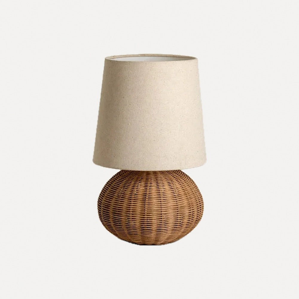 Lampe à poser pied en rotin tressé et abat-jour en lin – Saint-Paul, finition pied boule, abat-jour Ø 27 cm, H 45 cm