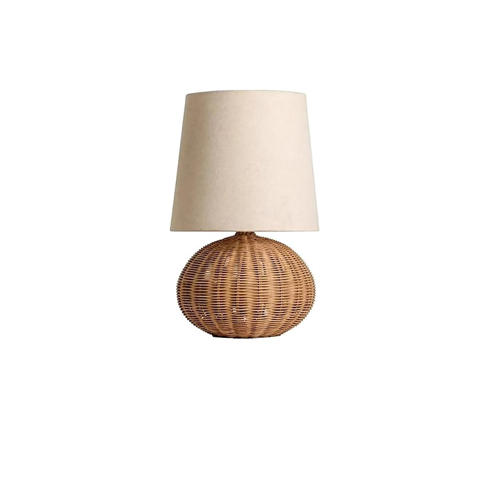 Lampe à poser pied en rotin tressé, abat-jour tissu – Porquerolles, finition pied boule, H 45 cm