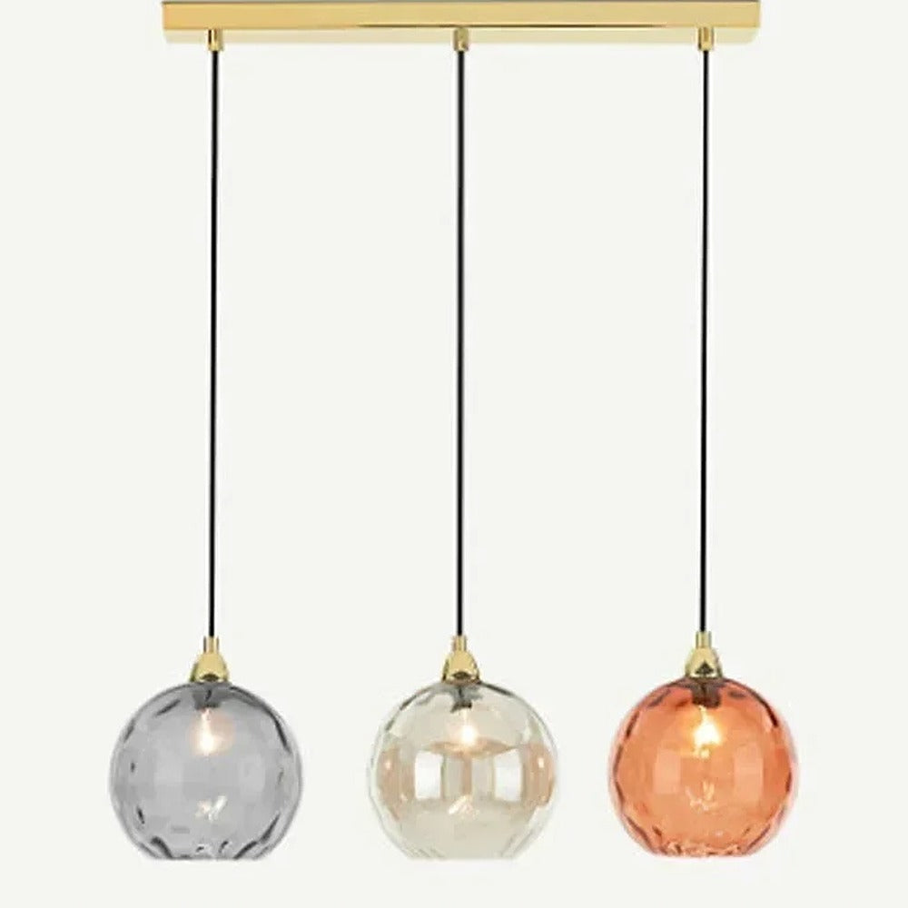 Suspension globes en verre coloré, 1 à 5 lumières – Positano, finition trio sur rampe, ambre et gris / Dorée