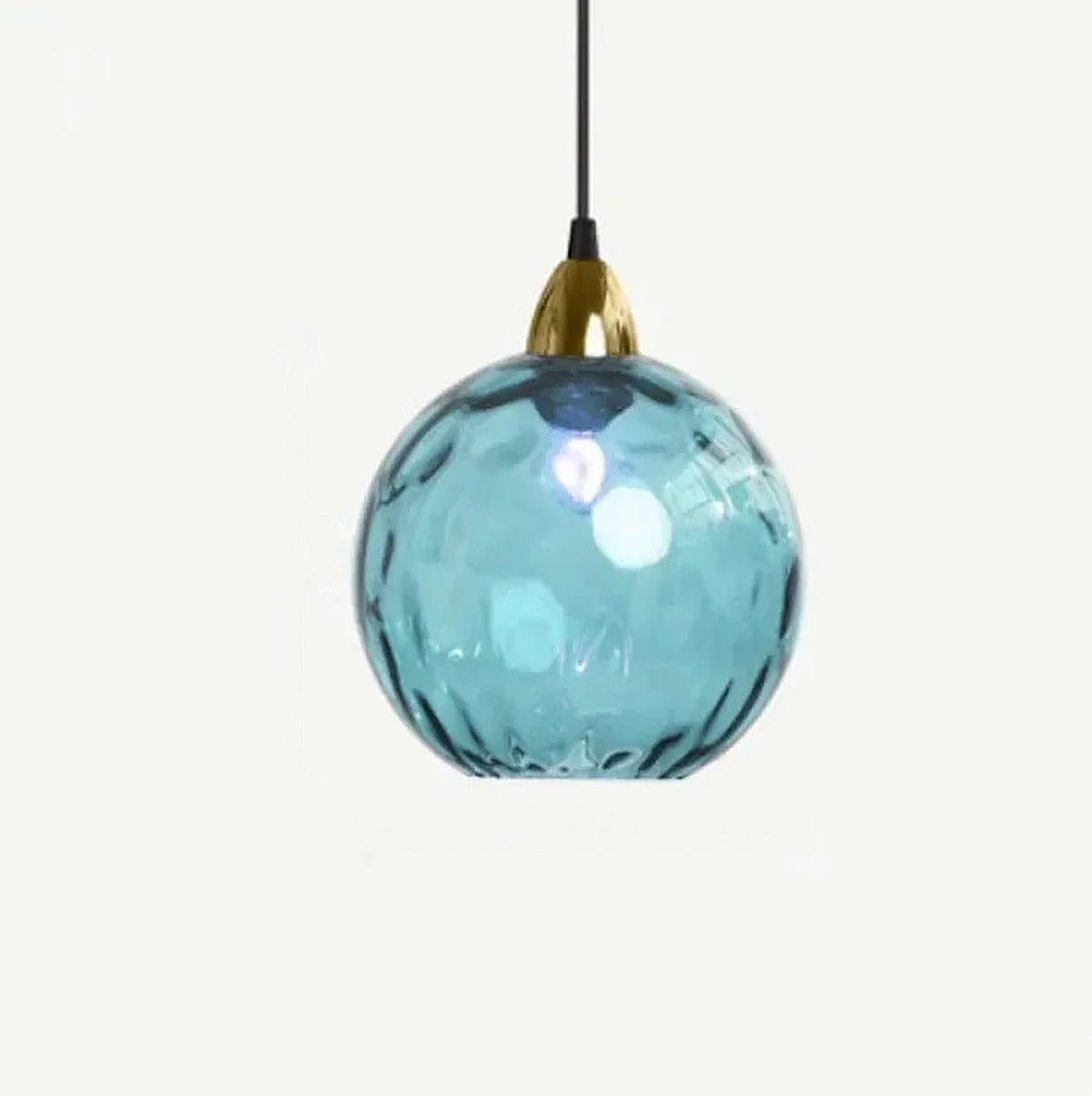 Suspension globes en verre coloré, 1 à 5 lumières – Positano, finition globe turquoise / Dorée