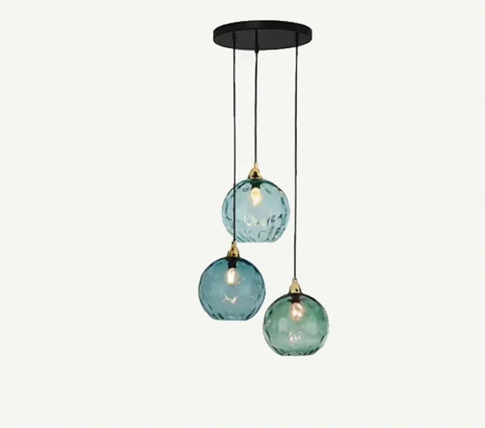 Suspension globes en verre coloré, 1 à 5 lumières – Positano, finition trio bleu et vert / Dorée
