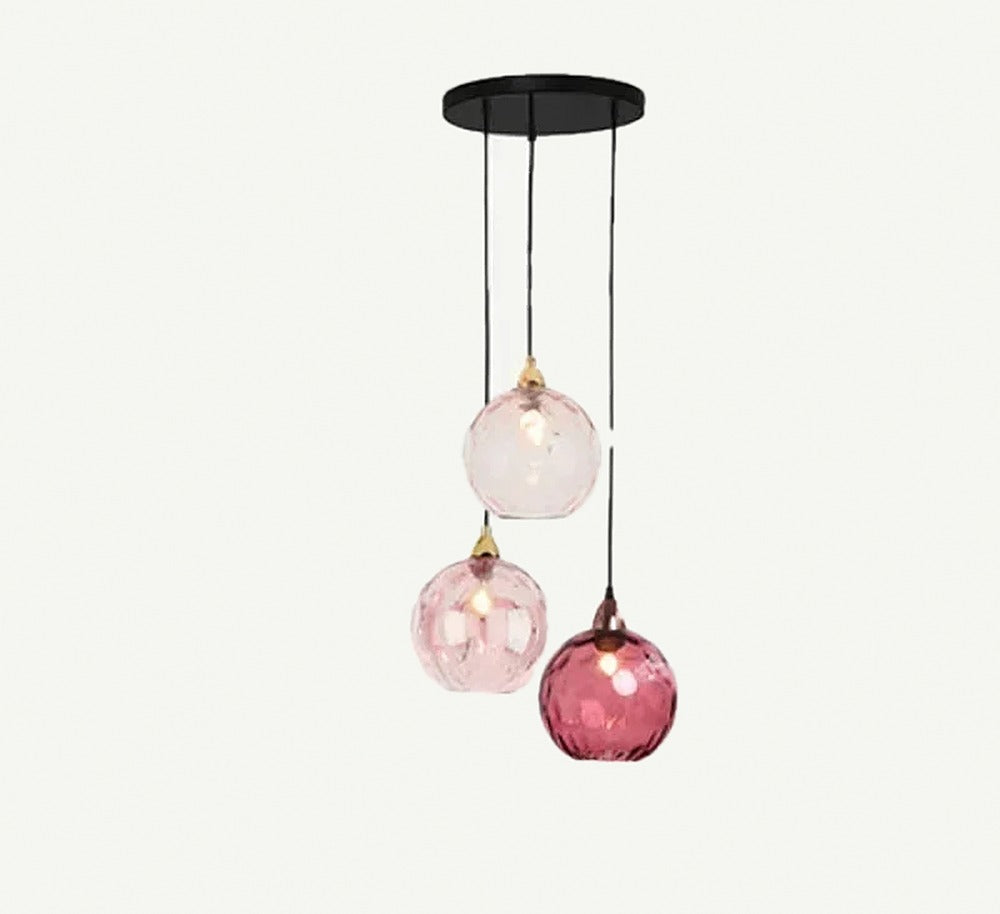 Suspension globes en verre coloré, 1 à 5 lumières – Positano, finition trio rose / Dorée