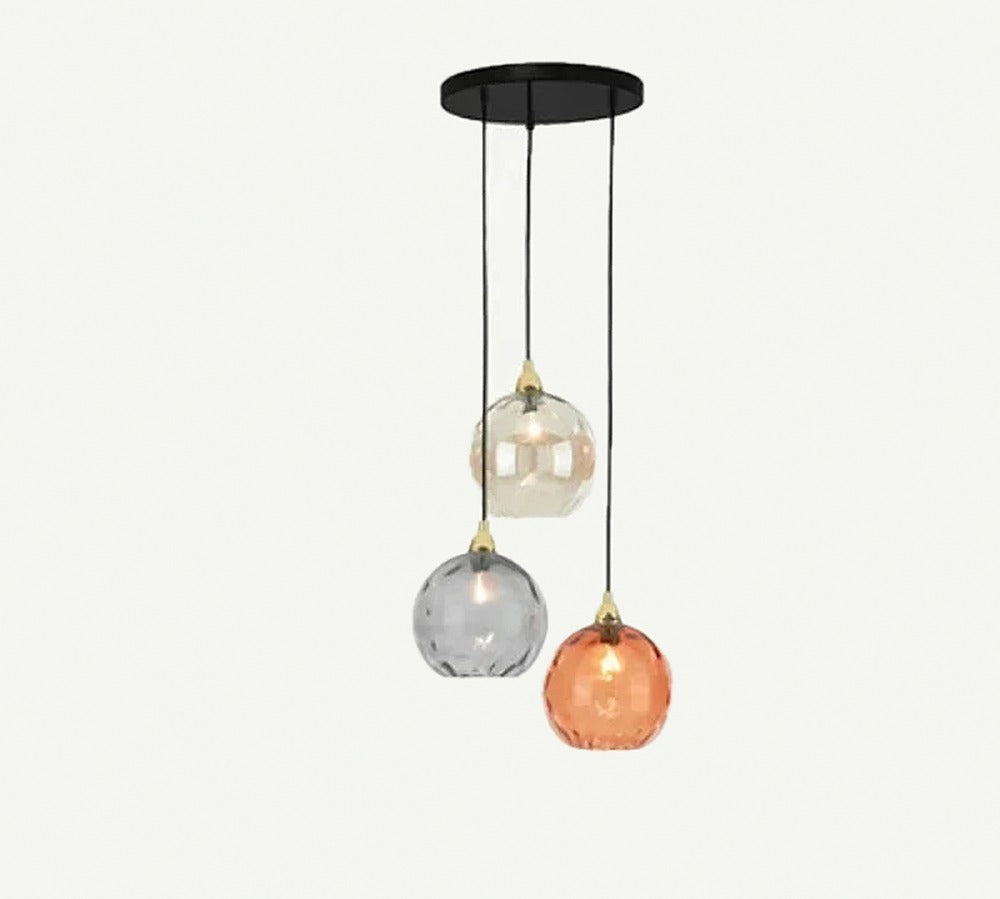 Suspension globes en verre coloré, 1 à 5 lumières – Positano, finition trio ambre et gris / Dorée