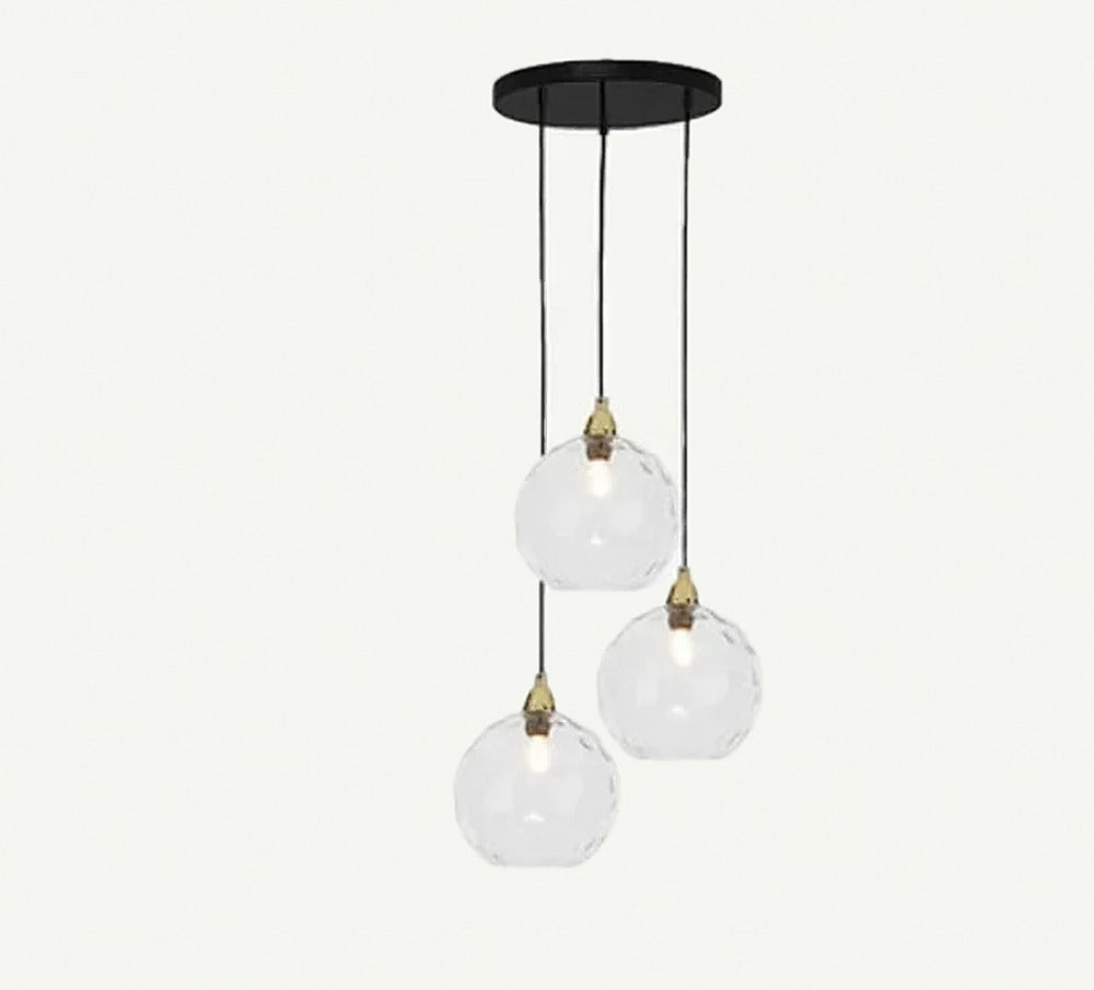 Suspension globes en verre coloré, 1 à 5 lumières – Positano, finition trio transparent / Dorée