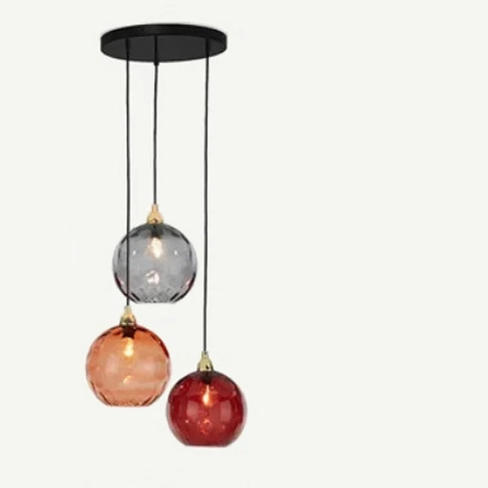 Suspension globes en verre coloré, 1 à 5 lumières – Positano, finition trio rouge et gris / Dorée