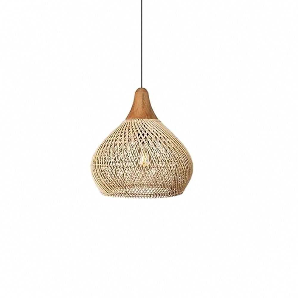 Suspension en rotin tressé et bois, style bohème – Ramatuelle, finition bulbe 50 × 50 cm / Sans ampoule / Expédié d'Europe