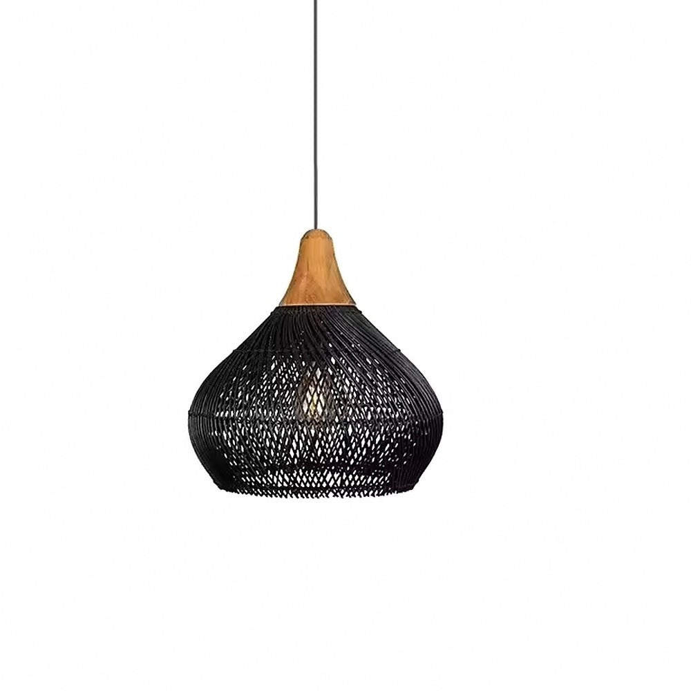 Suspension en rotin tressé et bois, style bohème – Ramatuelle, finition bulbe noir 40 × 40 cm / Sans ampoule