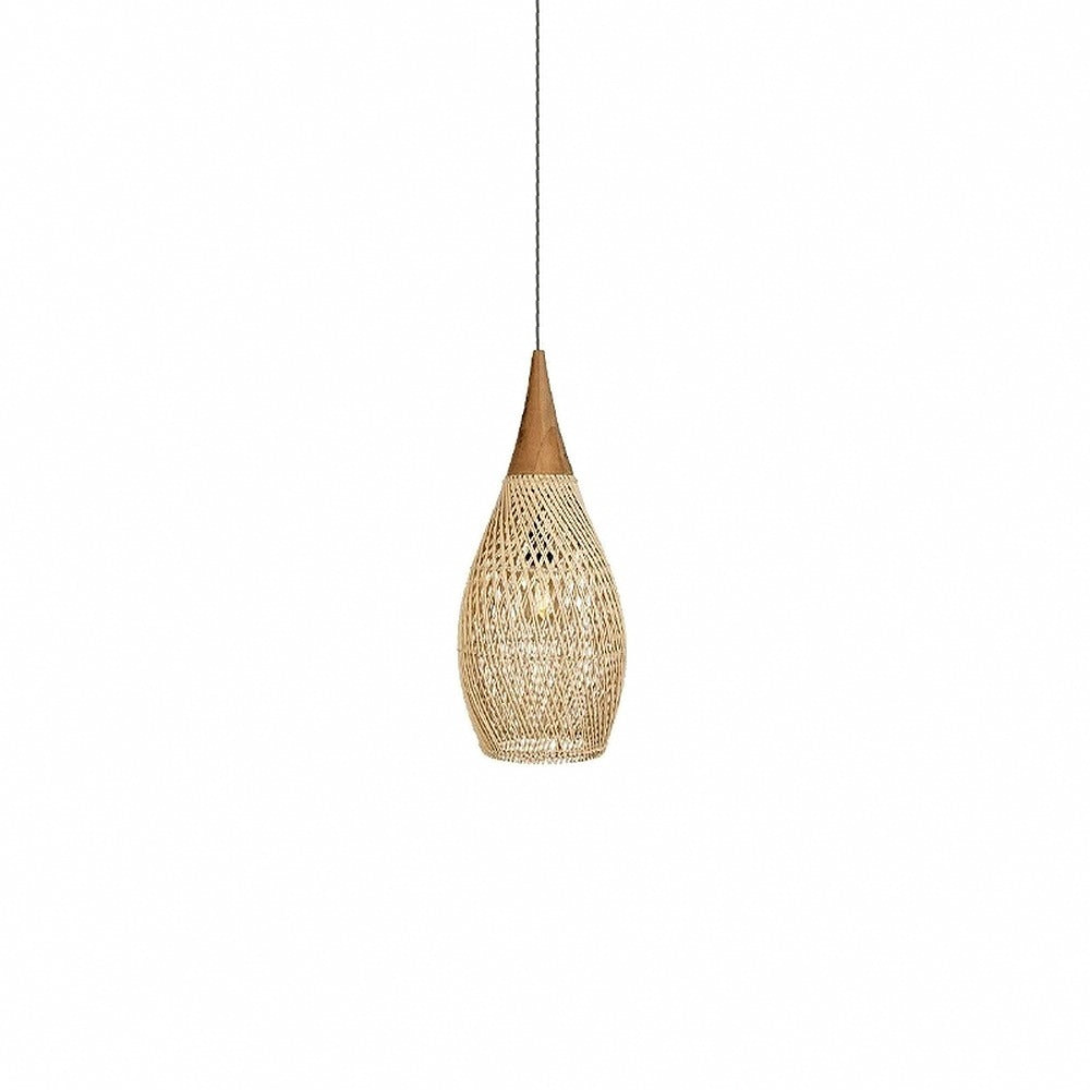 Suspension en rotin tressé et bois, style bohème – Ramatuelle, finition goutte 35 × 70 cm / Sans ampoule / Expédié d'Europe