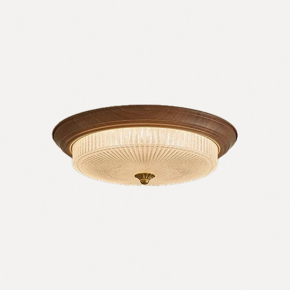 Plafonnier verre strié cerclé de noyer, Ø 33 à 50 cm – Rambuteau, finition ø 40 cm