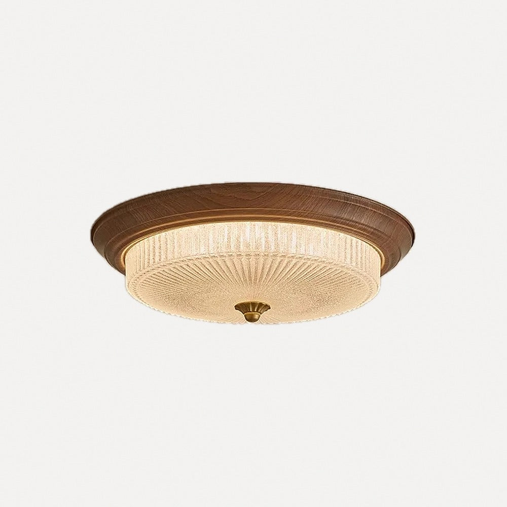 Plafonnier verre strié cerclé de noyer, Ø 33 à 50 cm – Rambuteau, finition ø 50 cm