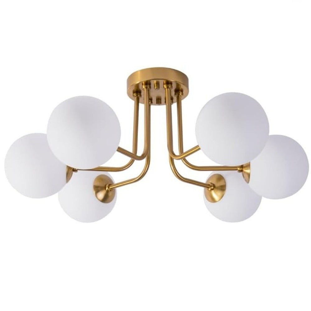 Plafonnier tiges courbes et globes opalins, 3 ou 6 lumières – Raspail, sur fond blanc