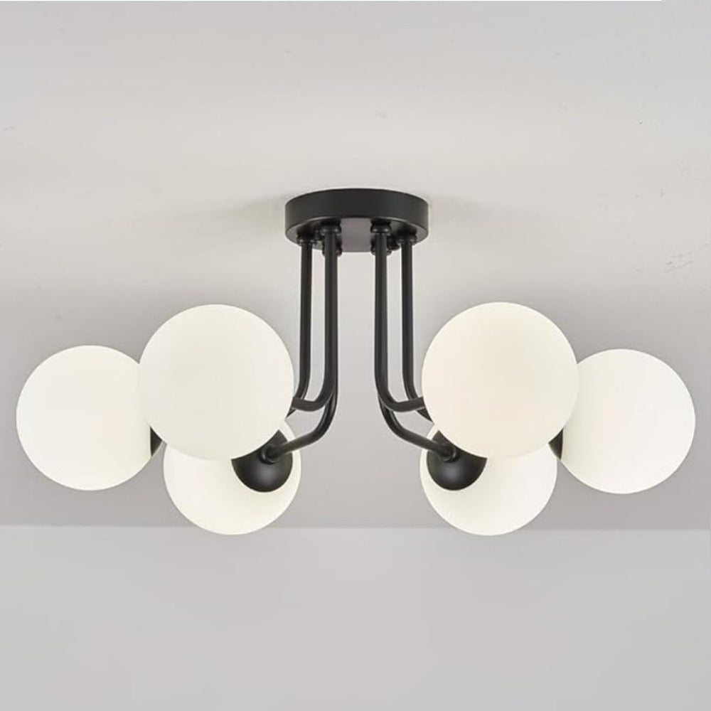 Plafonnier tiges courbes et globes opalins, 3 ou 6 lumières – Raspail, sur fond clair