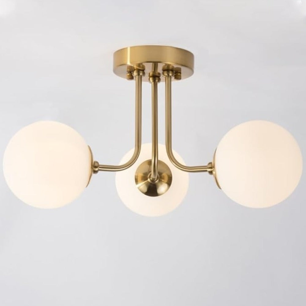 Plafonnier tiges courbes et globes opalins, 3 ou 6 lumières – Raspail allumé