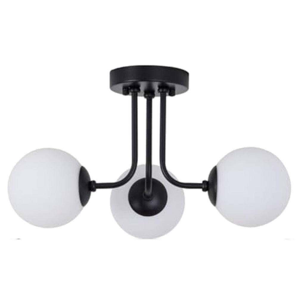 Plafonnier tiges courbes et globes opalins, 3 ou 6 lumières – Raspail, finition noir, 3 globes