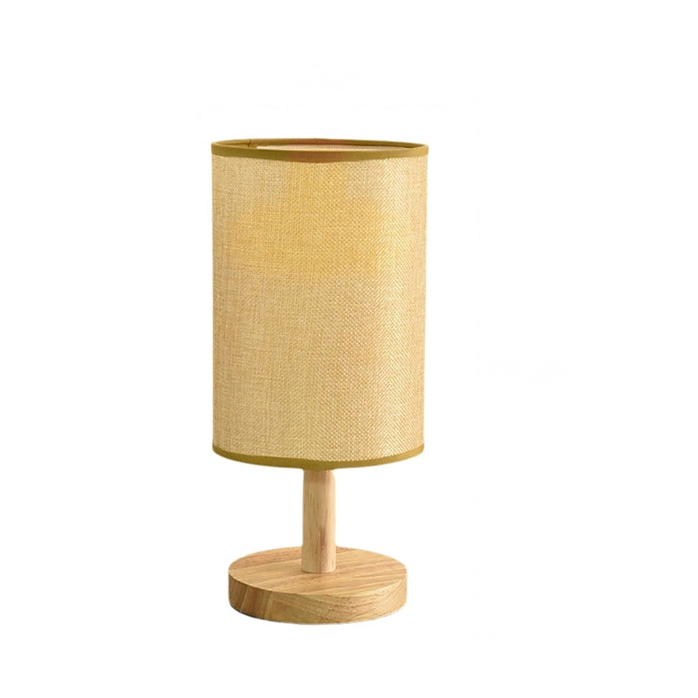 Lampe de chevet cylindre en lin et pied en bois – Sarlat, sur fond blanc