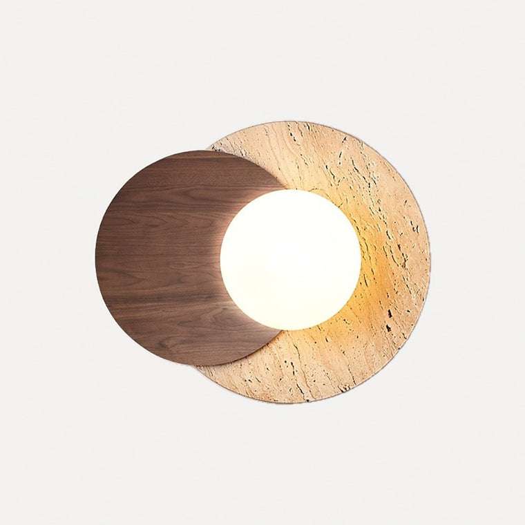 Applique disque en travertin, demi-lune en bois et globe – Séguret, finition travertin et noyer