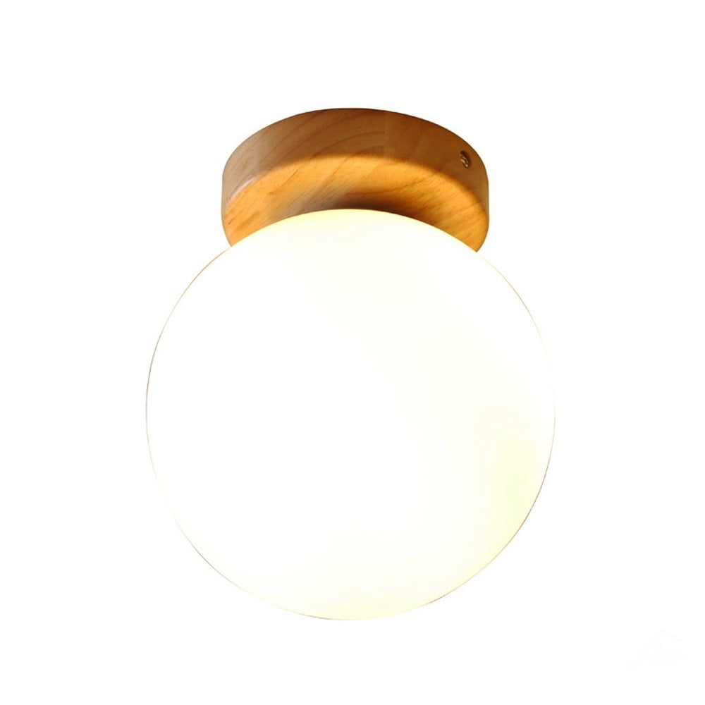 Plafonnier globe opalin sur socle en bois, Ø 15 ou 20 cm – Senlis, sur fond blanc