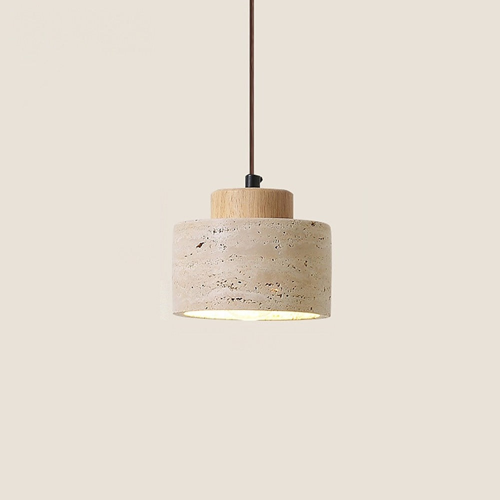 Suspension cylindre en travertin, esprit wabi-sabi – Shima, finition court Ø 12 cm, bois clair / Blanc chaud 3000 K