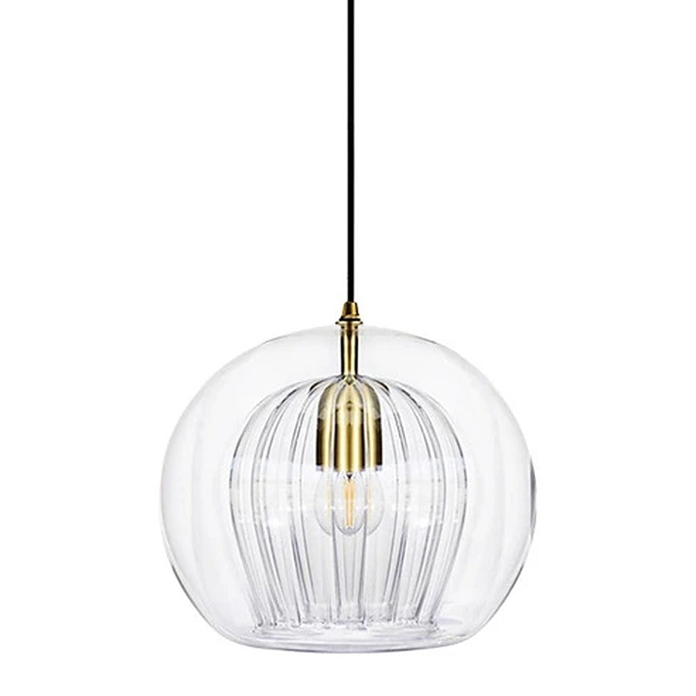 Suspension boule en verre strié à double paroi – Siena, finition transparent Ø 15 cm / Blanc chaud, ampoule fournie