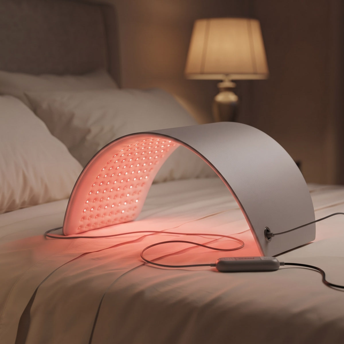 Panneau Solstice en arche sur un lit, lumière rouge allumée, boîtier de commande et cordon secteur