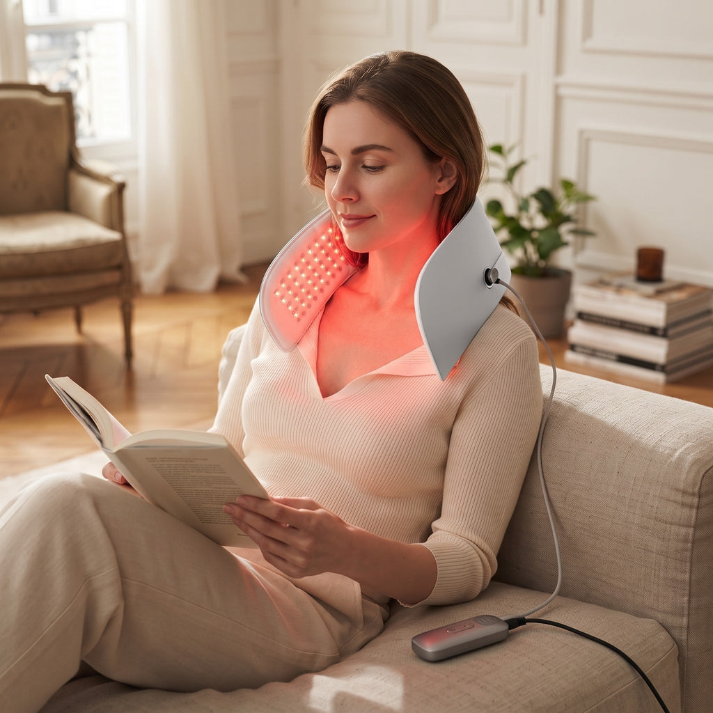 Panneau Solstice enroulé autour du cou et du décolleté pendant la lecture