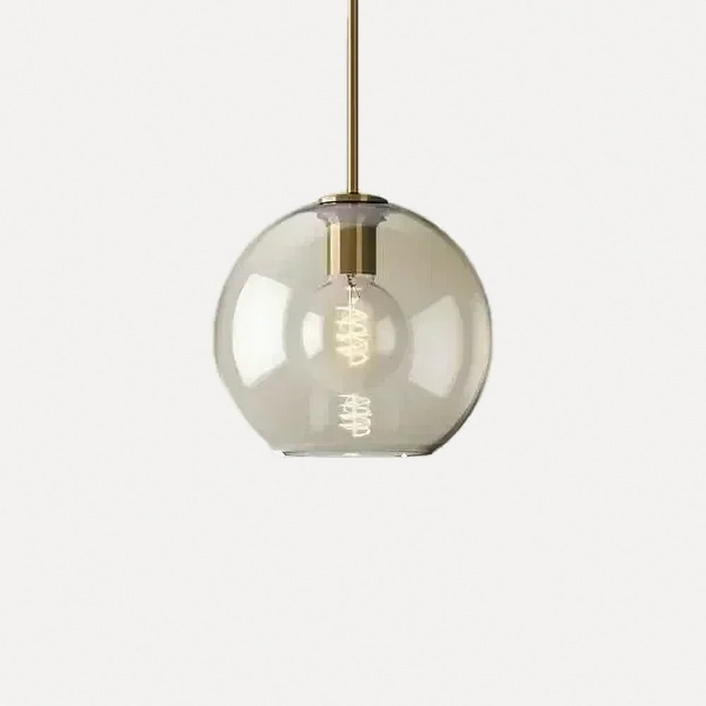 Suspension en verre cognac, cinq formes, monture laiton – Sovana, finition globe Ø 15 cm