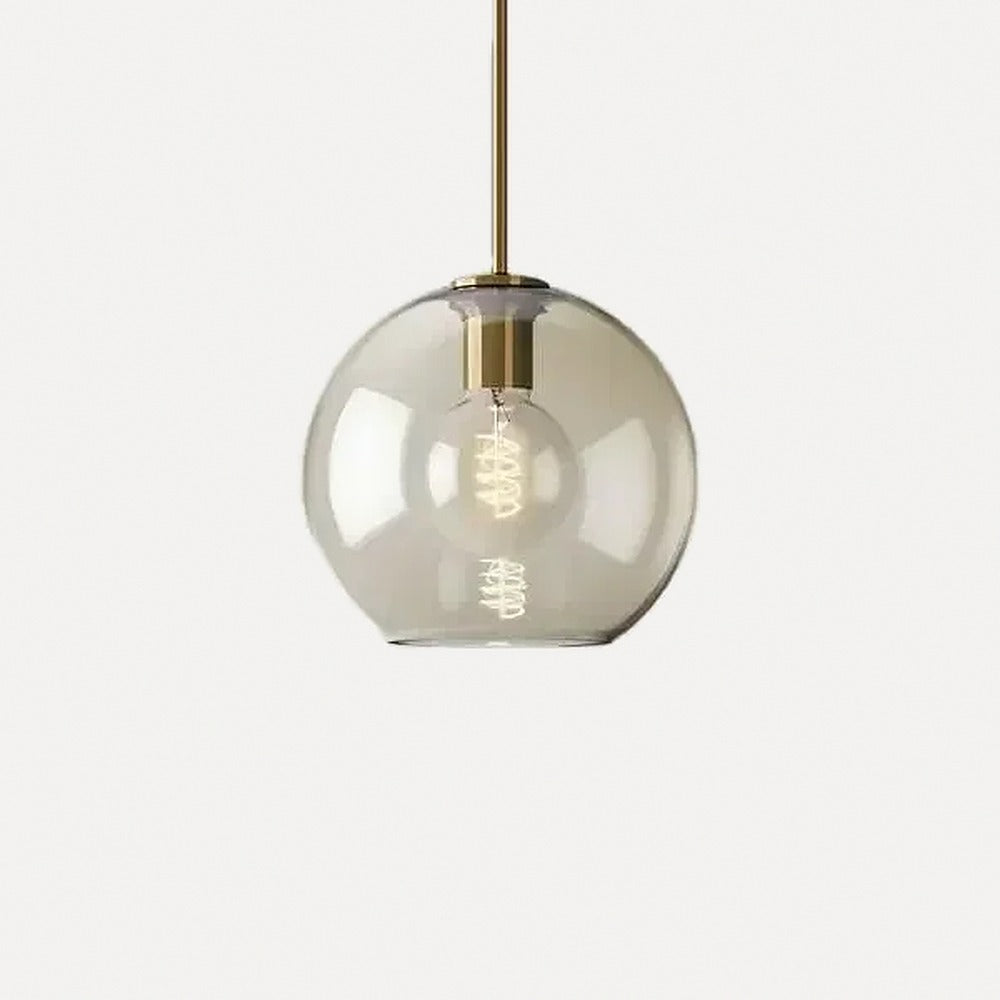 Suspension en verre cognac, cinq formes, monture laiton – Sovana, finition globe Ø 25 cm