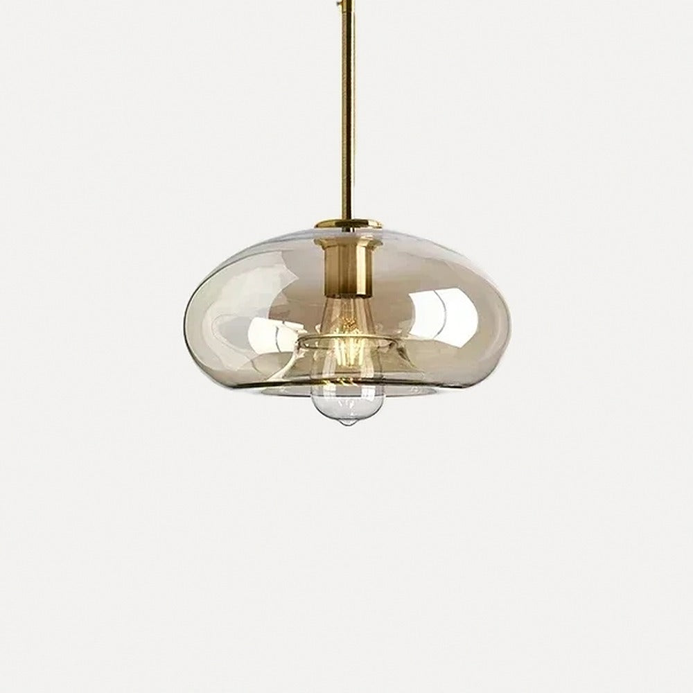 Suspension en verre cognac, cinq formes, monture laiton – Sovana, finition soucoupe Ø 28 cm