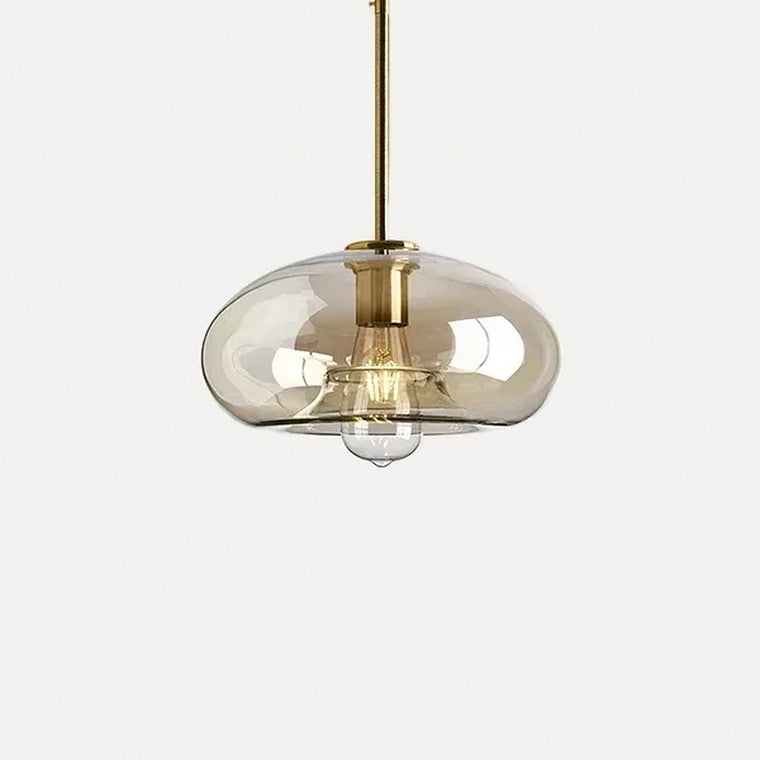 Suspension en verre cognac, cinq formes, monture laiton – Sovana, finition soucoupe Ø 28 cm
