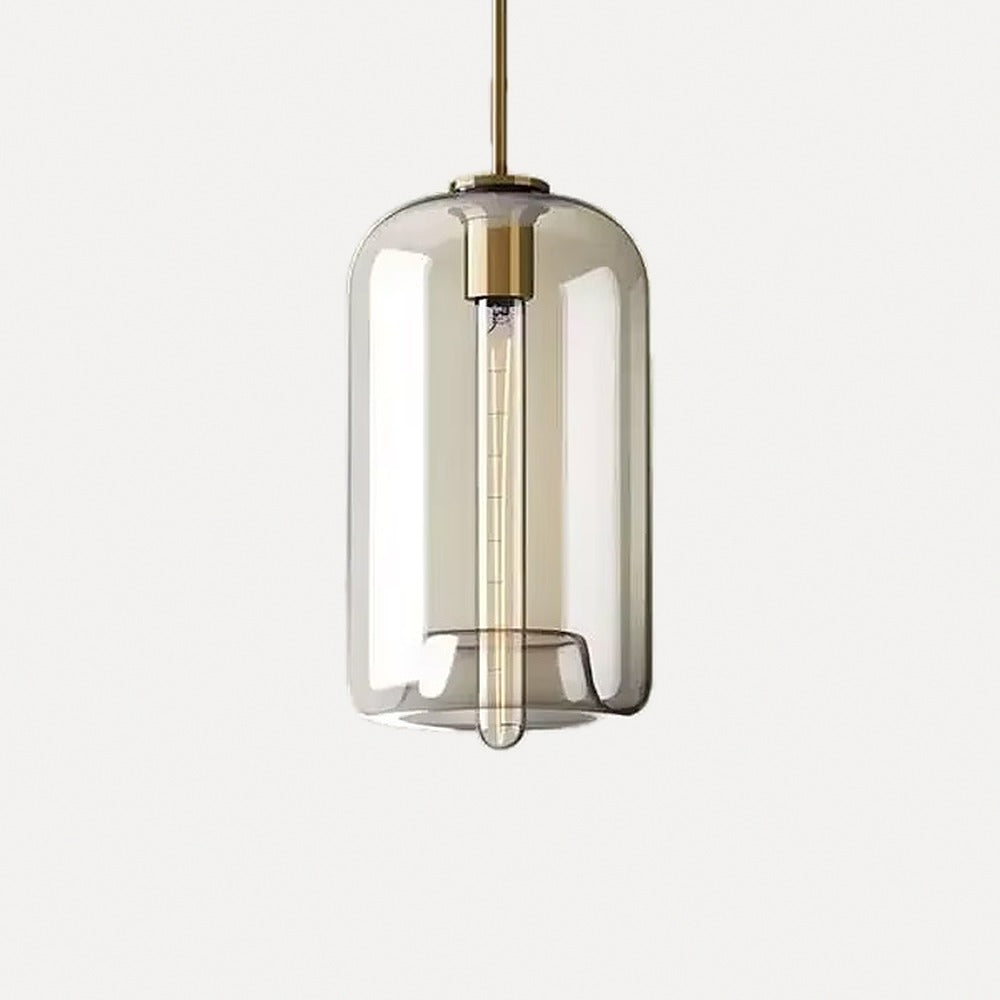 Suspension en verre cognac, cinq formes, monture laiton – Sovana, finition cylindre Ø 18 cm