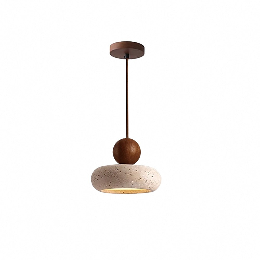Suspension disque en travertin et bois, LED intégrée – Spello, finition ø 15 cm, noyer / Blanc chaud 3000 K
