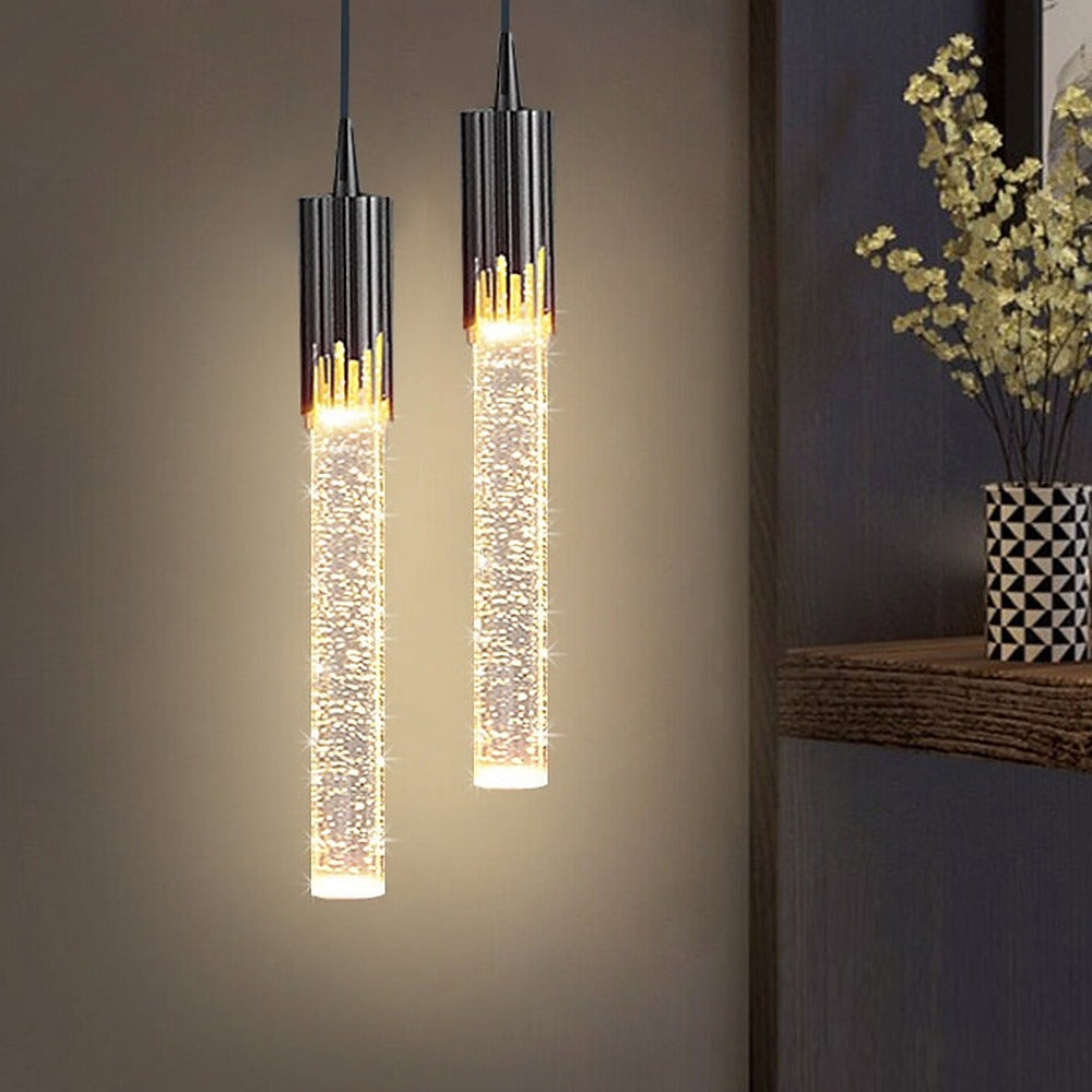 Suspension tube effet cristal à bulles – Trianon allumée
