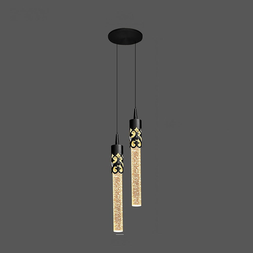 Suspension tube effet cristal à bulles – Trianon, finition noir ajouré, 2 tubes / Blanc chaud
