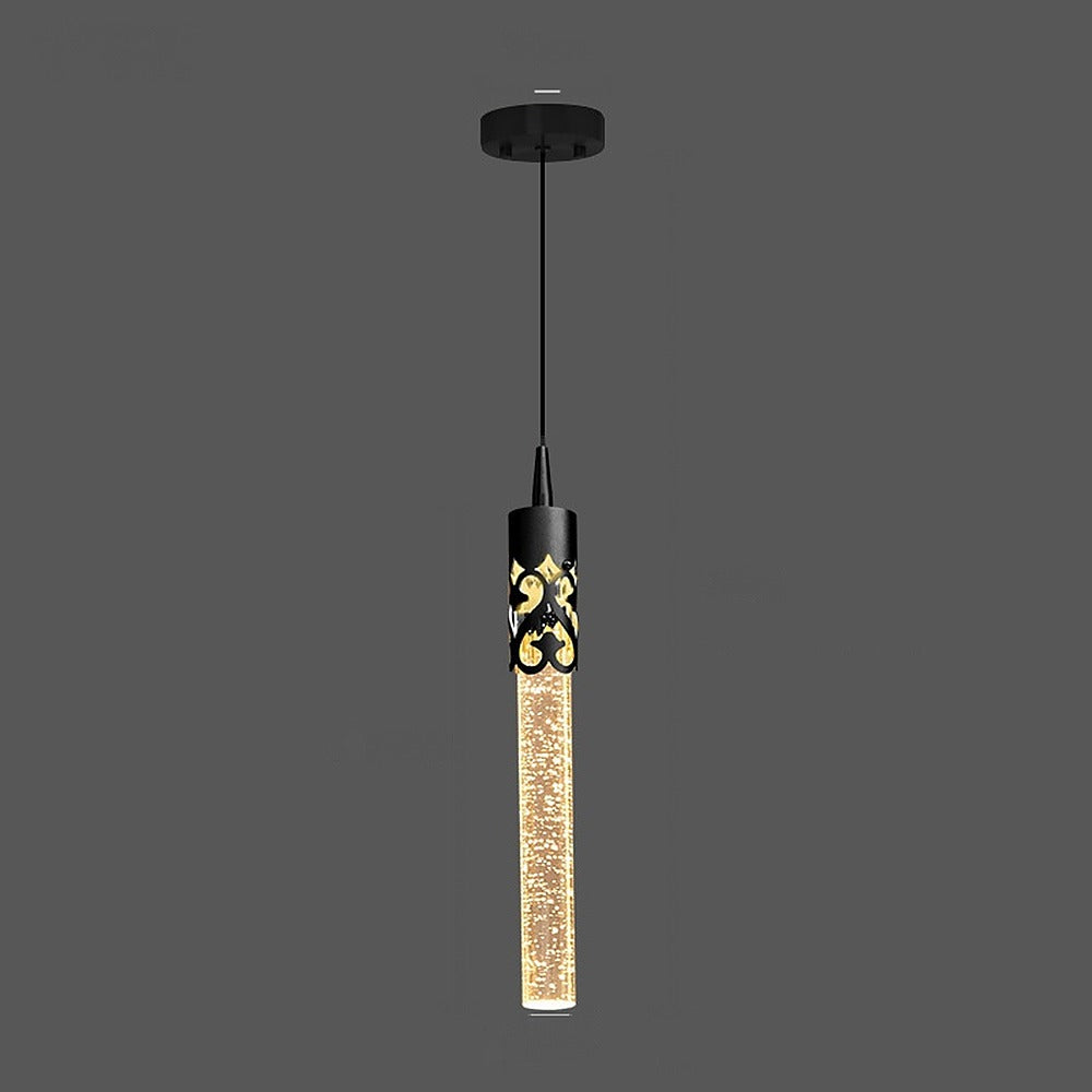 Suspension tube effet cristal à bulles – Trianon, finition noir ajouré, 1 tube / Blanc chaud
