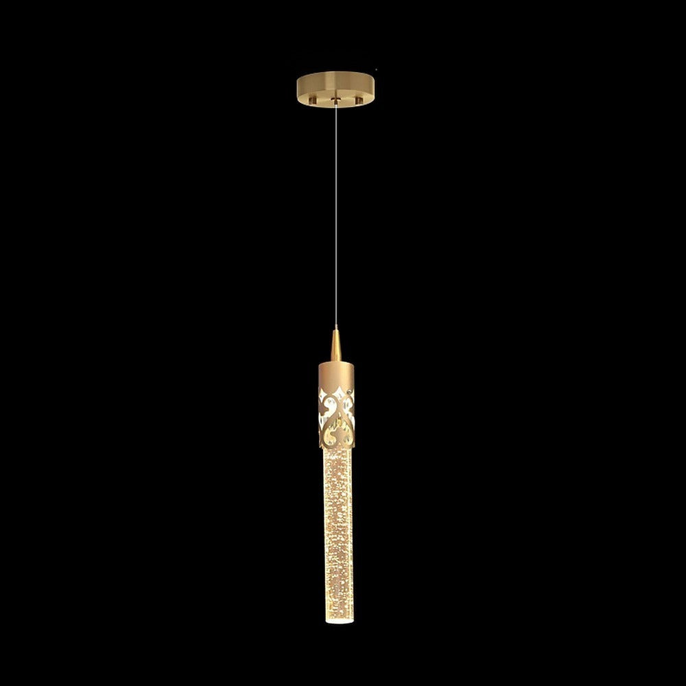 Suspension tube effet cristal à bulles – Trianon, finition doré ajouré, 1 tube / Blanc chaud