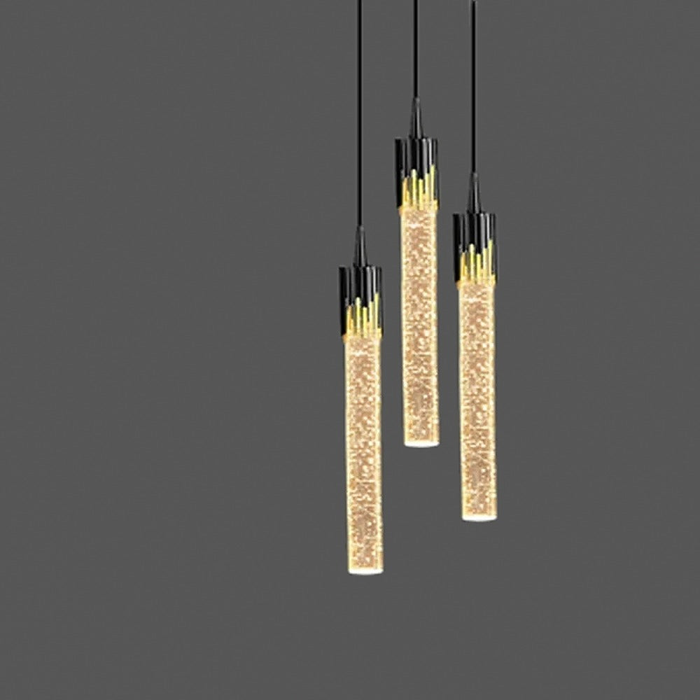 Suspension tube effet cristal à bulles – Trianon, finition noir, 5 tubes / Blanc chaud