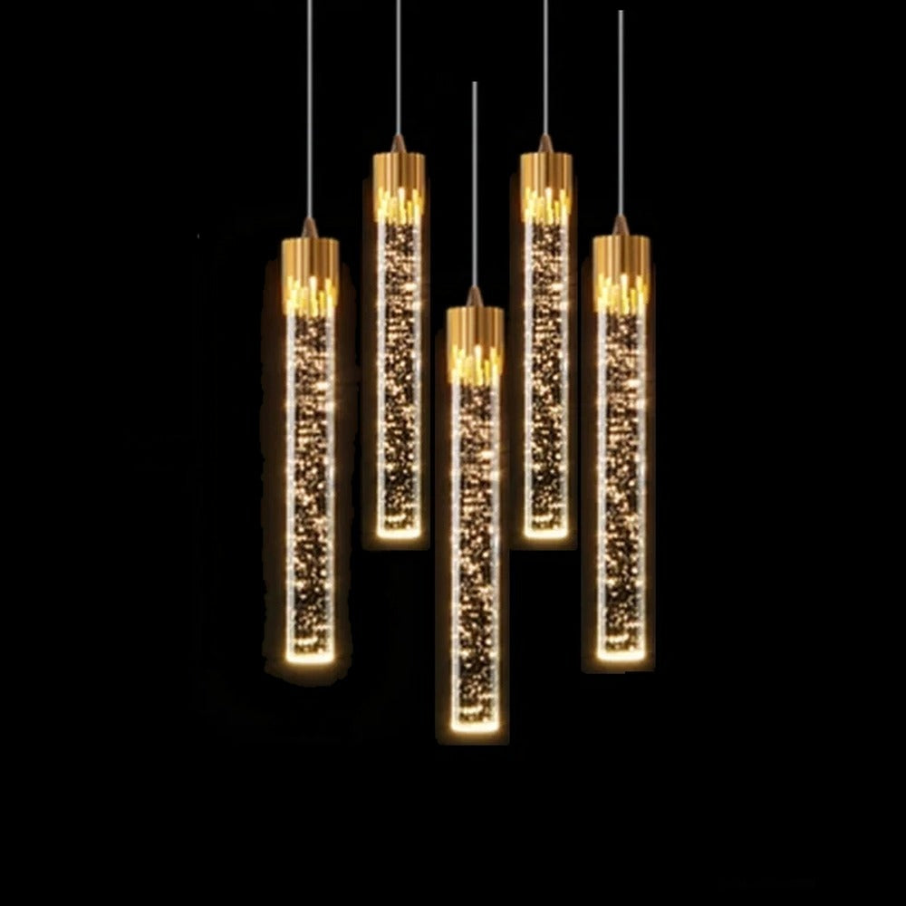 Suspension tube effet cristal à bulles – Trianon, finition doré, 5 tubes / Blanc chaud