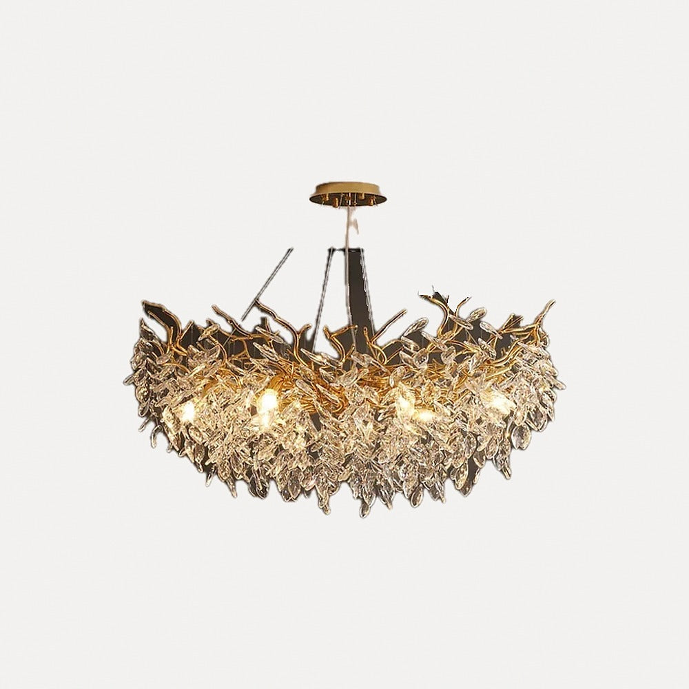 Suspension à branches dorées et feuilles de cristal – Tuileries, finition ronde Ø 60 cm / Argenté / Blanc chaud