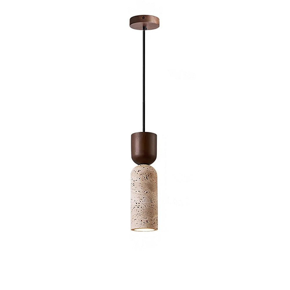 Suspension tube en travertin et bois wabi-sabi – Uji, finition blanc chaud / Noyer
