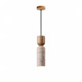 Suspension tube en travertin et bois wabi-sabi – Uji, finition blanc chaud / Bois naturel