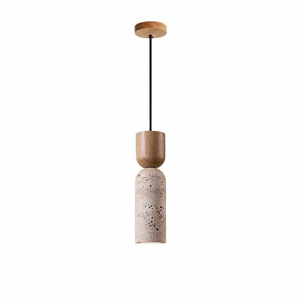 Suspension tube en travertin et bois wabi-sabi – Uji, finition blanc chaud / Bois naturel