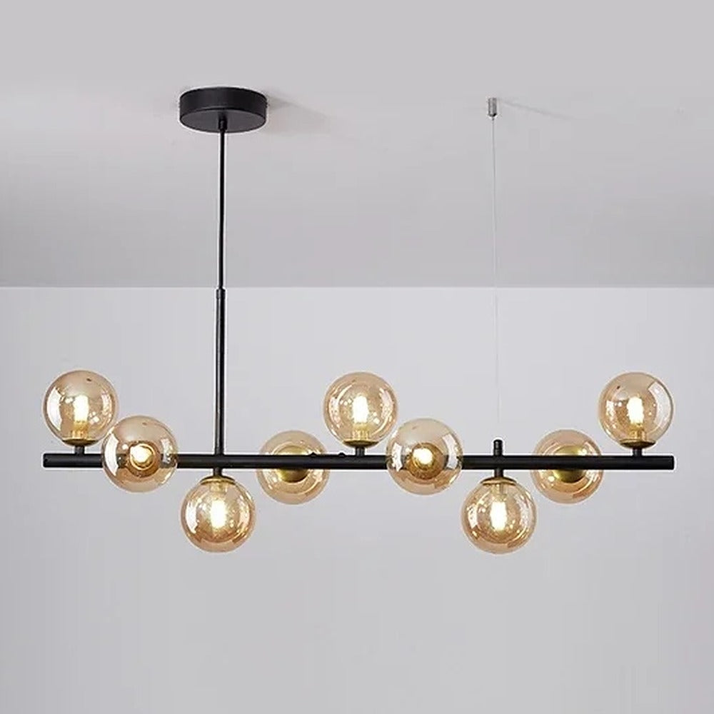 Suspension linéaire à globes de verre, noire ou dorée – Varenna, finition noir, verre ambré / 11 globes, L 100 cm