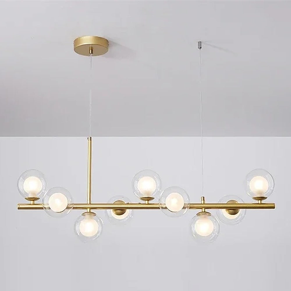 Suspension linéaire à globes de verre, noire ou dorée – Varenna, finition doré, globes doubles / 7 globes, L 65 cm